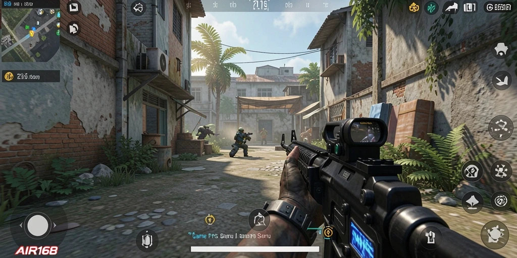 Tangkapan layar utama AIR168 menampilkan aksi tembak-menembak yang intens dalam mode FPS.