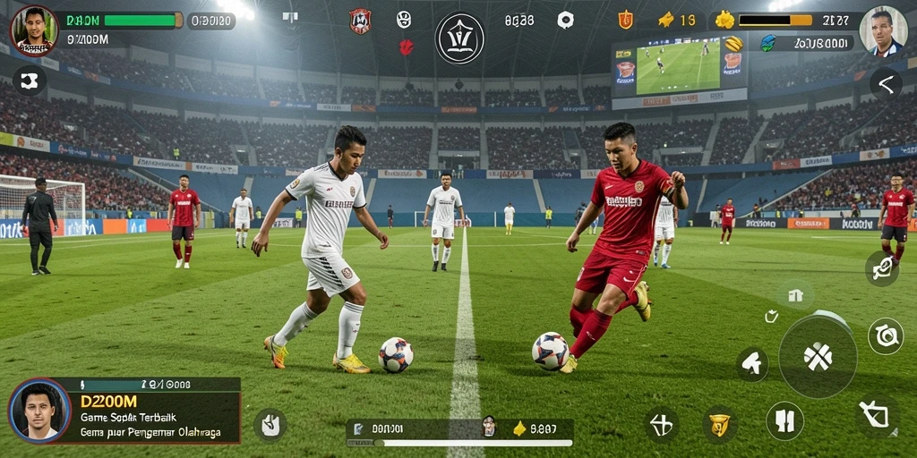 Screenshot gameplay D200M menampilkan aksi sepak bola yang menegangkan.