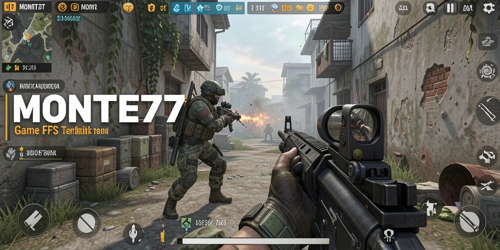 Screenshot gameplay MONTE77 menunjukkan aksi tembak-menembak yang intens.