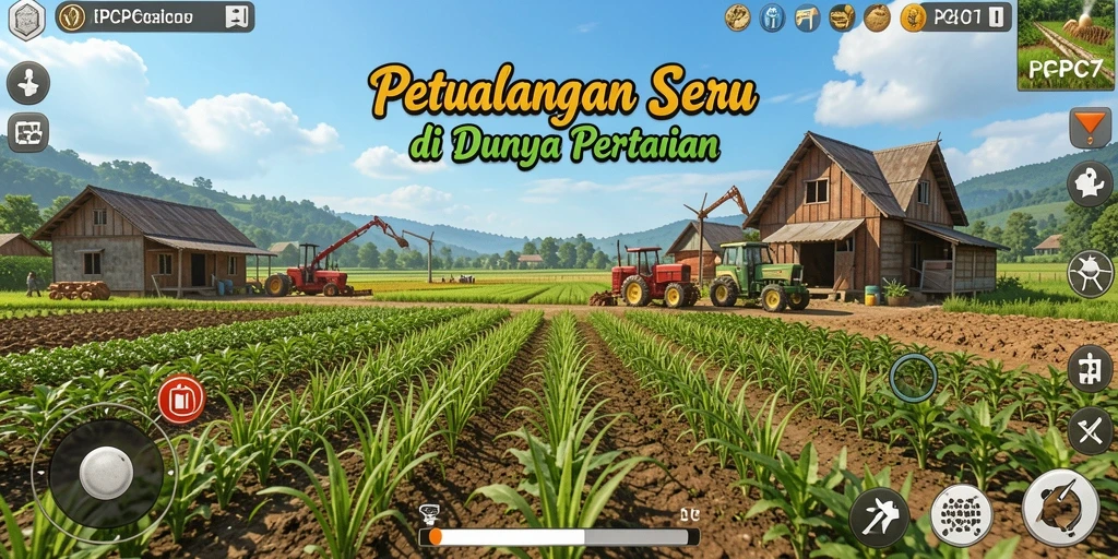 Tampilan screenshot gameplay PCPC7 yang menunjukkan aktivitas bertani.
