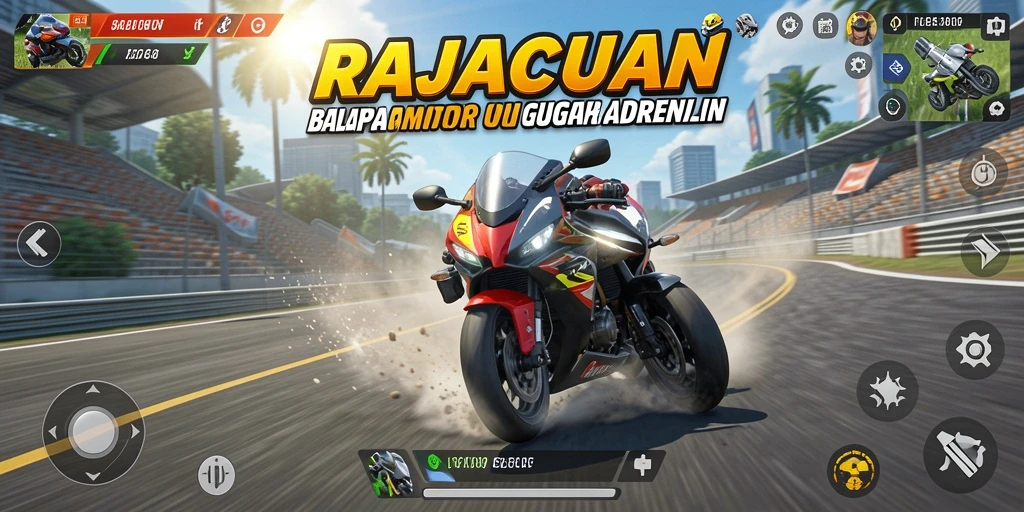 Screenshot utama dari RAJACUAN menampilkan aksi balap motor yang mendebarkan.