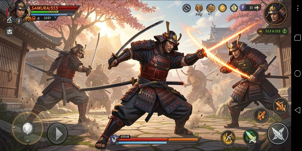 Screenshot gameplay SAMURAI555 menampilkan aksi pertarungan yang mendebarkan.