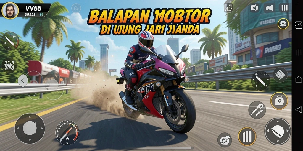 Tampilan gameplay seru dari balapan motor VV55 yang penuh aksi.